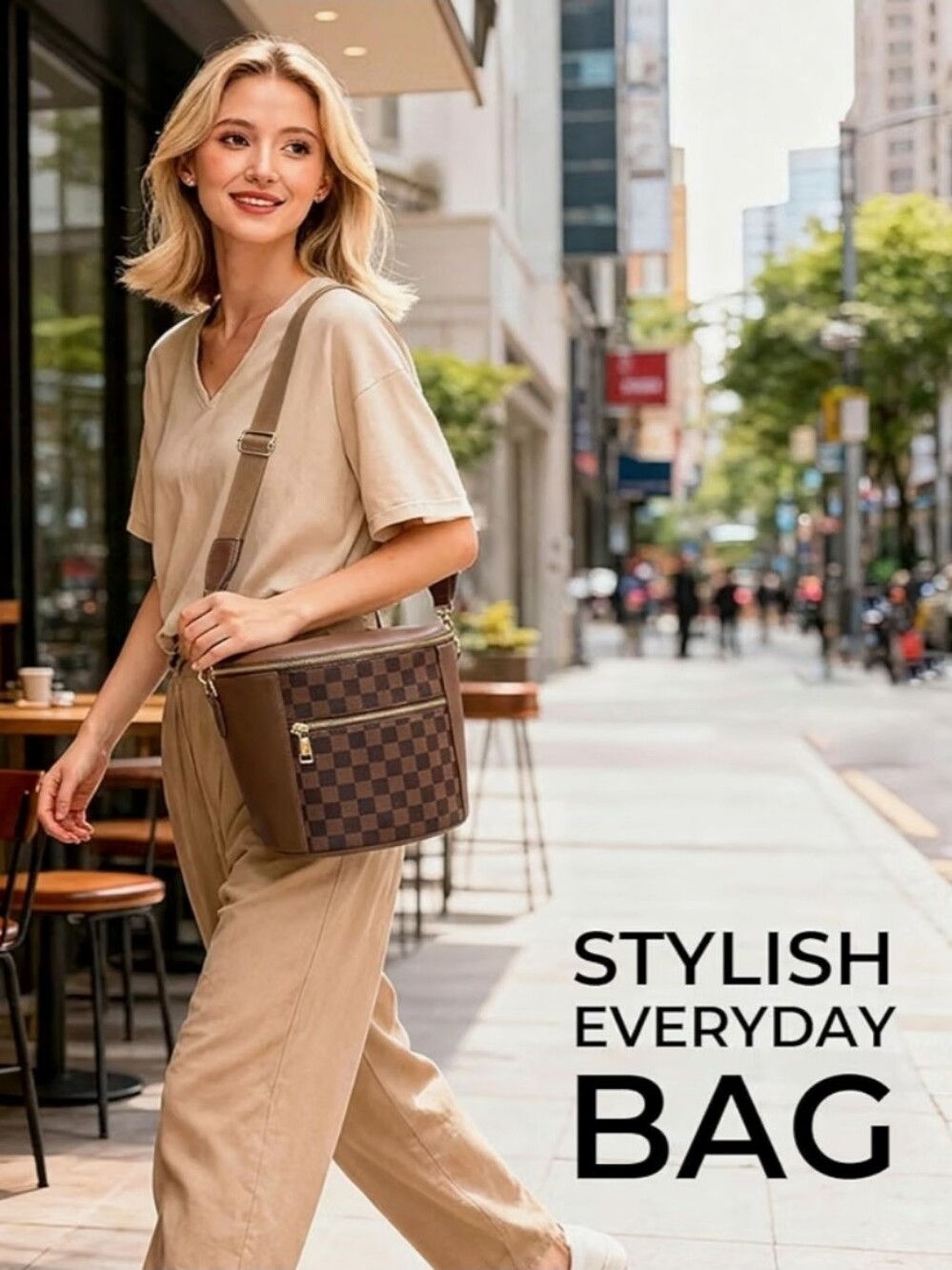 Checker-Panel Brown Crossbody Bag with Front Zip Pocket